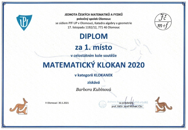 MKlokan 2020 diplom Kubinova Pm